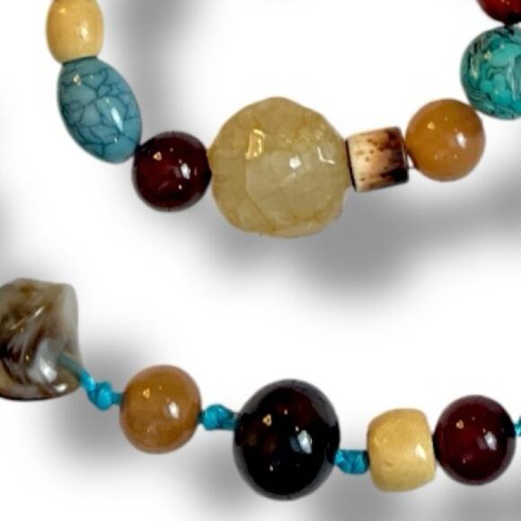 Cookie Lee Necklace Bracelet Set Beaded Faux Stone Teal Tan Multi 18” Length - Picture 6 of 14